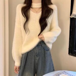 Lady  Knitwear Halter Sweater Warm V-neck Knitted Jumper Tops